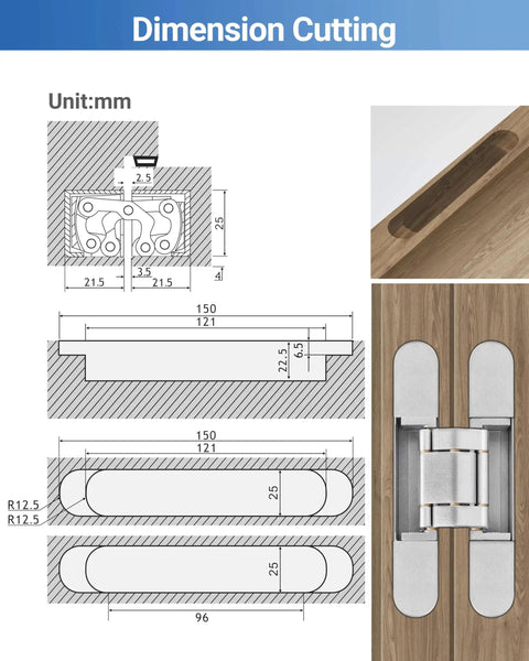 Diagram and installed view of Invisible Door Hinges Set 4 Pack 6 Inch Silver Concealed Hinges showing dimensions and installation.