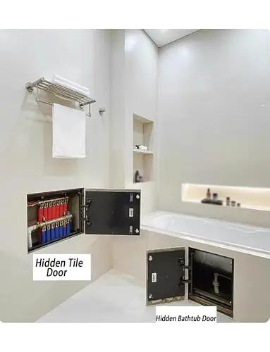 Seamless, heavy duty concealed hinges hide behind tile, marble, or drywall for clean access panels in bathrooms and utility areas.