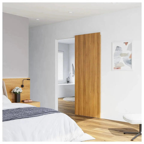 Bedroom with Concealed Sliding Barn Door Hardware Kit With Soft Close, 38 Inch Track, wall-mounted, invisible front track installed.
