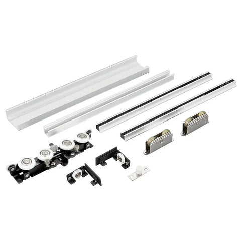 Concealed Sliding Barn Door Hardware and Track Floating Wall Mount, showing track pieces and pulley system components