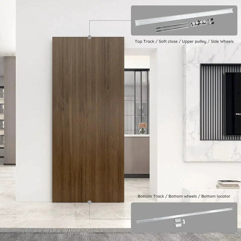 Concealed Sliding Barn Door Hardware and Track Floating Wall Mount installed in living room with focus on soft close mechanism.