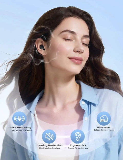 Woman wearing Concert Ear Plugs With 45dB Noise Reduction, High Fidelity Hearing Protection, 3 Interchangeable Eartips And Compact Case.