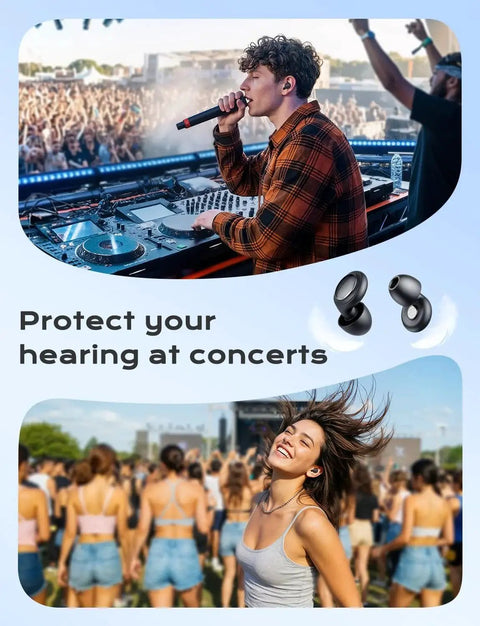 Concert ear plugs with 45dB noise reduction, high fidelity hearing protection displayed at a concert setting with a singer and crowd.