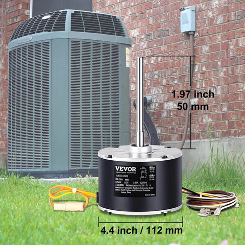 Condenser Fan Motor, 1/5HP, 825RPM, Replacement for ac GE Genteq Carrier Bryant Payne Dayton, 5KCP39GFS166S, 3S003, Reversible Rotating + Capacitor displayed in front of an outdoor unit.