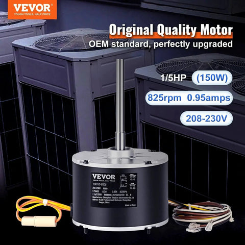 Condenser Fan Motor, 1/5HP, 825RPM, Replacement for ac GE Genteq Carrier Bryant Payne Dayton, 5KCP39GFS166S, 3S003, Reversible Rotating + Capacitor shown in front view with wires and capacitor visible.