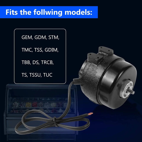 SP-B9HS16 9W 115v condenser fan motor fits models GEM, GDM, STM, TMC, TSS, black cylindrical shape with cord