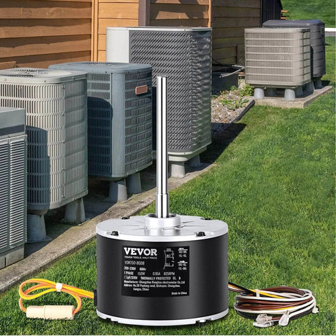 Condenser Fan Motor, 1/5HP, 825RPM, Replacement for ac GE Genteq Carrier Bryant Payne Dayton, 5KCP39GFS166S, 3S003, Reversible Rotating + Capacitor, displayed in front of air conditioning units