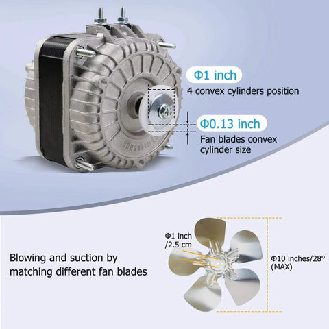 YZF18-25 Fan AC Motor 120V 18W 1.01A 60Hz Shaded Pole Condenser Motor detailed view with blade specifications