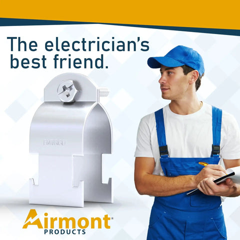 Image of a 2 Inch Rigid Conduit Clamp next to an electrician in blue overalls with the text 'The electrician's best friend.'