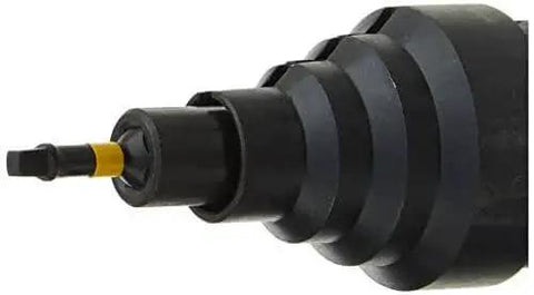 Side view of Impact Ready Conduit Reamer For Quarter Inch Hex Shank Impact Drivers Drilling Holes From One Eighth To One Half Inch In Metal Wood Or Plastic One Piece Ground Design Delivers Up To Five Times More Durability Web Taper Increases Rigidity DeWalt DWA2600IR.