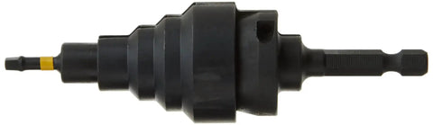 Side view of Impact Ready Conduit Reamer For Quarter Inch Hex Shank Impact Drivers Drilling Holes From One Eighth To One Half Inch In Metal Wood Or Plastic One Piece Ground Design Delivers Up To Five Times More Durability Web Taper Increases Rigidity DeWalt DWA2600IR.