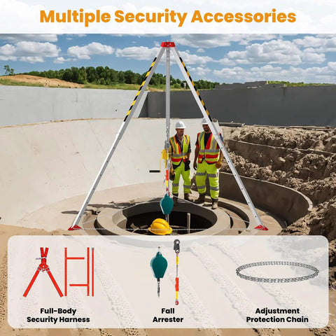 Confined Space Rescue Tripod Kit with 2600lbs Winch set up over sewer, showing accessories and two workers in safety gear.