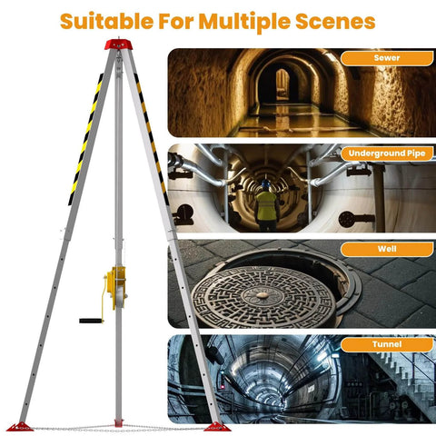 Confined Space Rescue Tripod Kit With 2600lbs Winch, 7-Foot Adjustable Rescue Tripod, 98.4-Foot Steel Cable, Fall Arrester in sewer use
