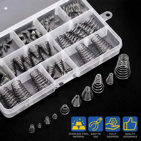 123-Piece Tower Conical Spring Set With 10 Sizes Go-To, 0.3, 0.5, 0.7, 0.8 and 1mm Tapered Compression Springs for Home Repair in box