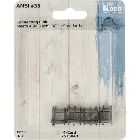 Speeco Farmex S66351 Connecting Link for heavy duty roller chain in packaging, ANSI #35 standard, 3/8 inch pitch, 4 pieces.