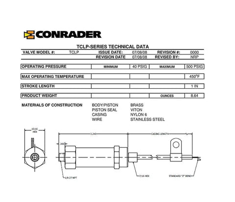 Diagram of Conrader TCLP-Series Valve with specifications
