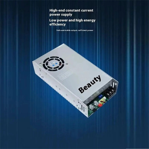 High-end constant current power supply unit with fan and efficiency labels, on a blue gradient background.