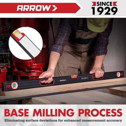 Carpenter using Three Piece Spirit Level Set With 9 Inch, 16 Inch, And 48 Inch Levels For Construction And Carpentry Built Tough For Pros Includes Bag Aluminum Body Machined Base Shockproof End Caps And High Visibility Fluorescent Bubbles For Fast Readings on wooden surface.