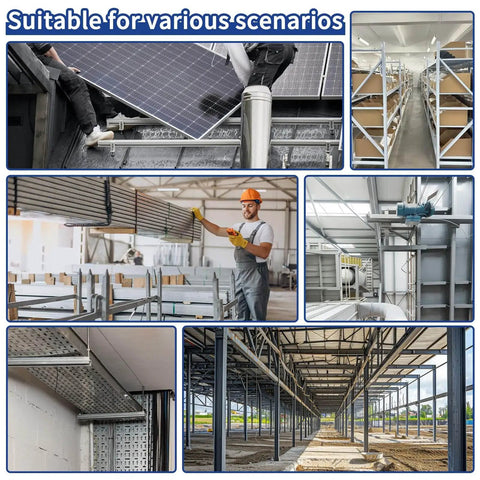 Collage of industrial settings including solar panel installation and warehouse shelving.