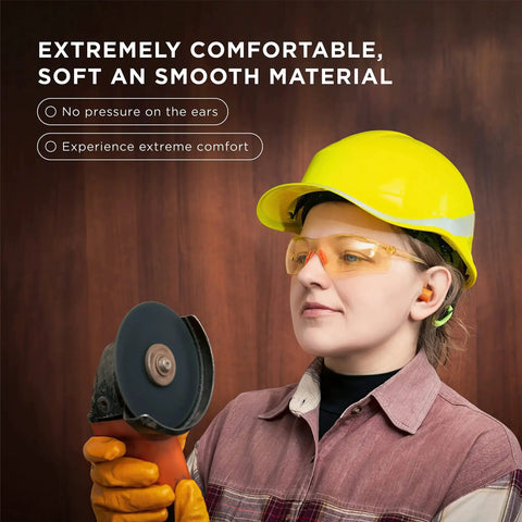 Person in safety gear holding angle grinder, promoting Soft Disposable Corded Ear Plugs Pack Of 100 Pairs With 32 dB Noise Reduction