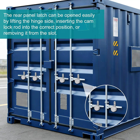 Shipping container with sturdy 14-gauge steel trailer door hasp, corrosion-resistant galvanization, and secure cam lock.