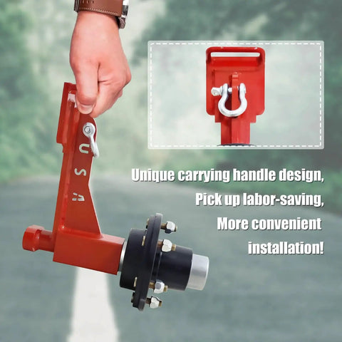 Close-up of Heavy Duty Container Wheel Kit With Six Lug Wheels and Carbon Steel U Shackle held by hand on a road background.