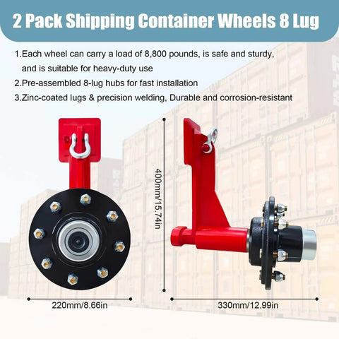Heavy Duty Container Wheel Kit For 20ft And 40ft Empty Shipping Containers With 8 Lug Wheels, Strong Axles And Ratchet Tie Downs, Each Carrier Supports Up To 8800 Lb, Enables Easy Safe Moving Of Empty Containers Red, front and side view