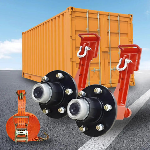 Heavy Duty Container Wheel Kit With Six Lug Wheels And Carbon Steel U Shackle Bundles For Moving 20 To 40 Foot Shipping Containers Includes Two Wheel Units, Two U Shackles, And One 32 Inch Ratchet Strap For Secure Relocation in front of an orange container.