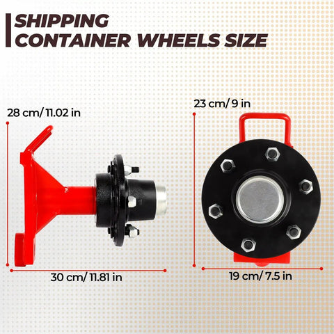 Heavy Duty Shipping Container Wheels Kit For 20-40ft Containers, 6-Lug Casters side and top view with dimensions