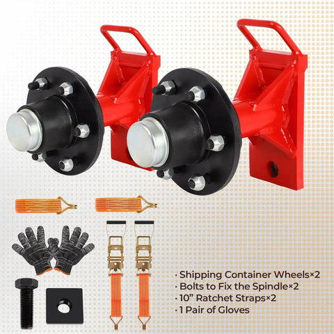Heavy Duty Shipping Container Wheels Kit For 20-40ft Containers, 6-Lug Casters with accessories including gloves and straps