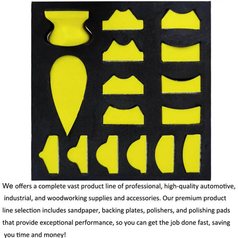 16 Piece Contoured Sanding Block Set With Interchangeable Convex Concave Shapes in foam tray display
