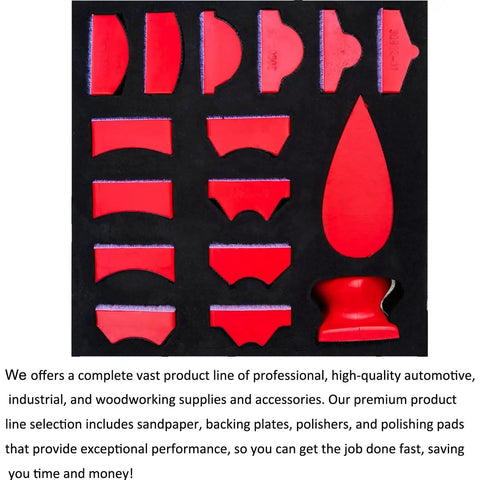 16 Piece Contoured Sanding Block Set with Interchangeable Hook and Loop Shapes, red foam blocks in various shapes on black background