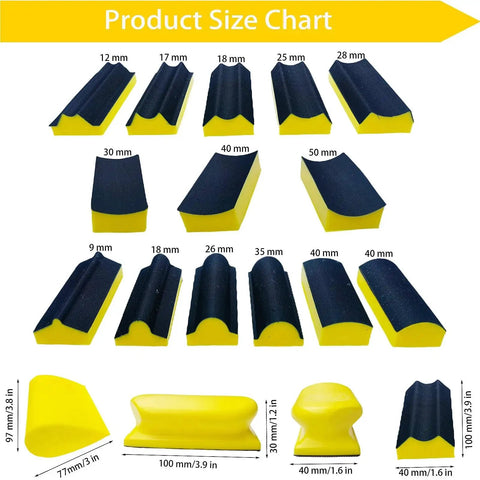Product size chart showing various foam sanding blocks from the 16 Piece Contoured Sanding Block Set With Interchangeable Convex Concave Shapes.