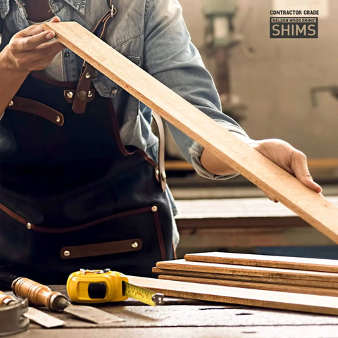 Person holding an 8-inch wood shim from Contractor Grade Wood Shims 56 Count 8 Inch Pack for Leveling and Precise Alignment Easy Snap Design
