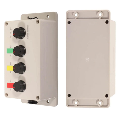 Industrial LED Andon Tower Lights controller front and back with knobs for red, yellow, green LEDs, IP65, factory ready.