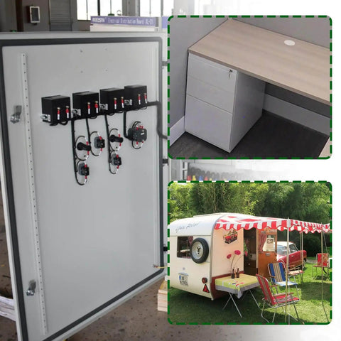 Industrial panel with electrical components, office desk with drawers, and an outdoor camper with awning and chairs