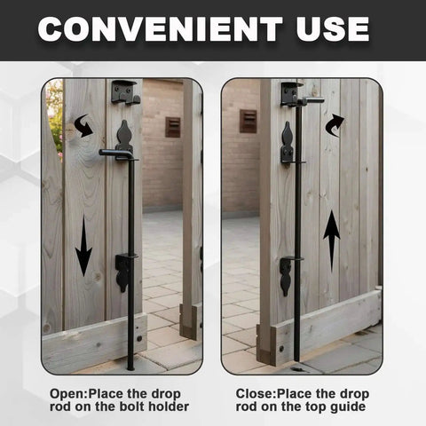 Image showing Two Pack 18 Inch Heavy Duty Cane Bolt Gate Drop Rod Stopper Hardware installed on a wooden gate for secure holding.