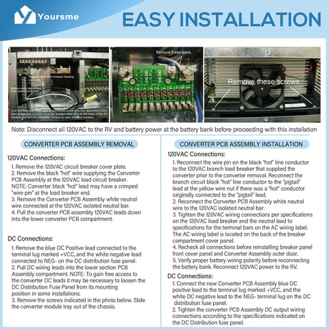 Installation guide for converter PCB assembly removal and installation with wiring instructions.