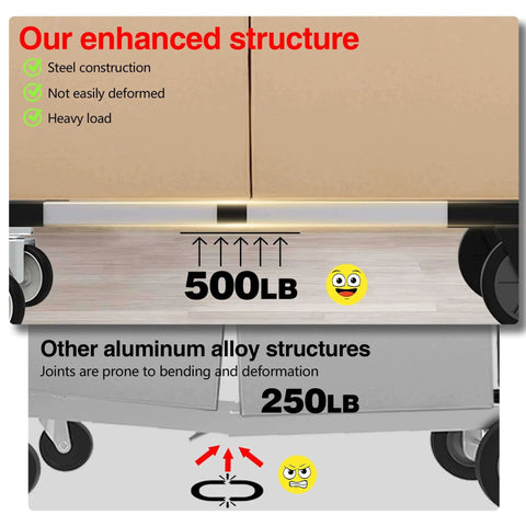 Enhanced 3 in 1 Convertible Hand Truck Dolly Cart supports 500 lbs weight, highlighting steel construction versus 250 lbs for aluminum.
