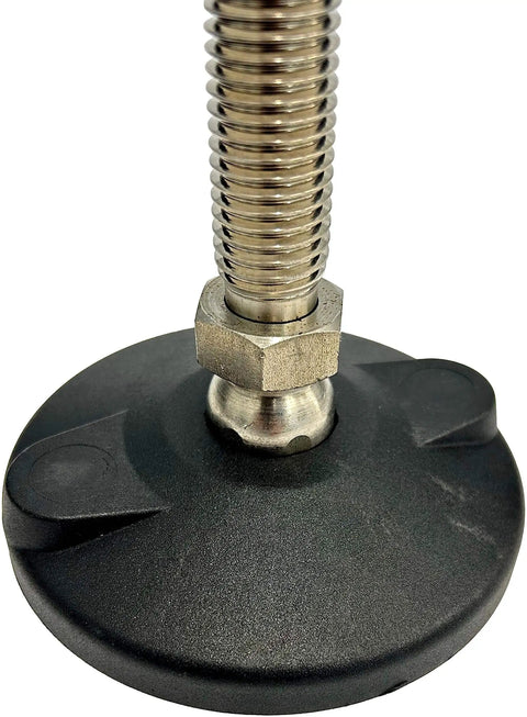 Close-up of Conveyor Leveler with Articulating Feet for Rock Solid Alignment and Easy Adjustable Positioning with Durable Polyamide Footplates and Stainless Steel Spindles Three Quarter to Ten Rexnord Series 133 636882. Focus on black polyamide footplate and stainless steel spindle.