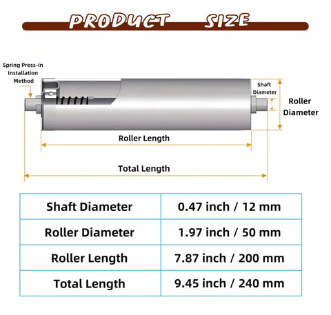 Conveyor Roller 2" Diameter 8" Length, Heavy Duty Stainless Steel Gravity Transmission Replacement Part with detailed dimensions.
