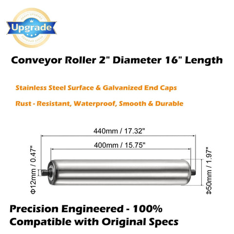 Conveyor Roller 2" Diameter 16" Length, Stainless Steel Gravity Transmission Replacement Part Galvanized End, Silver.