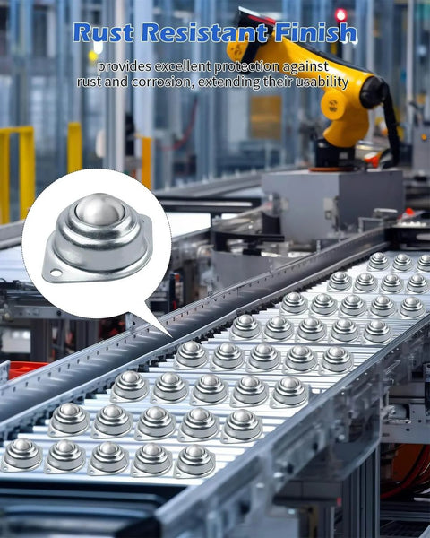Conveyor line with 32 Pcs Surface Roller Ball Transfer Bearings 1 Inch Carbon Steel Units for smooth 360 degree rotation.