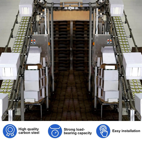 Industrial conveyor system using 30 Pcs 5/8 Inch Roller Ball Transfer Bearings Carbon Steel Casters for moving boxes efficiently.
