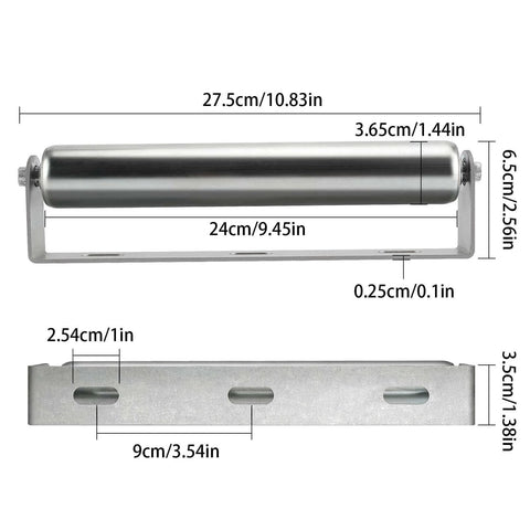 Conveyor Rollers, 2 Pack 10 Inches Long Galvanized Steel Roller and Bracket Set, 1.5 Inch Diameter, with detailed measurements