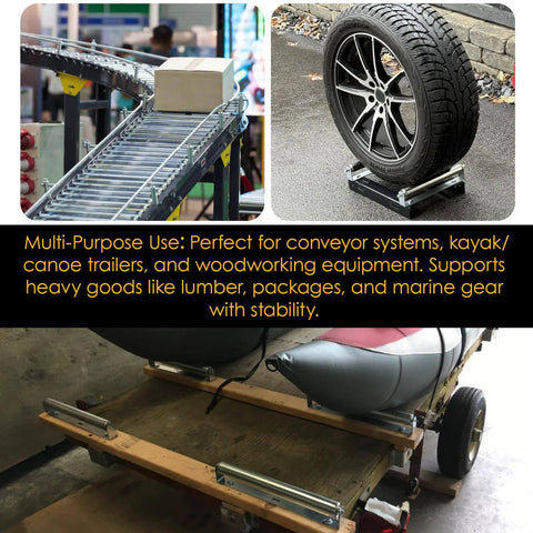 1.5'' Diameter Conveyor Rollers with Stands, 10'' Galvanized Steel Long Roller for Kayak Trailer, shown in various uses