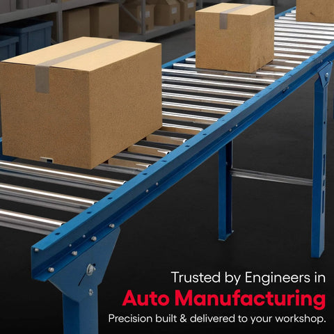 Conveyor rollers with boxes in auto manufacturing, featuring galvanized steel, 1.5" diameter, 10" between frame, 18 Ga. by Ultimation.