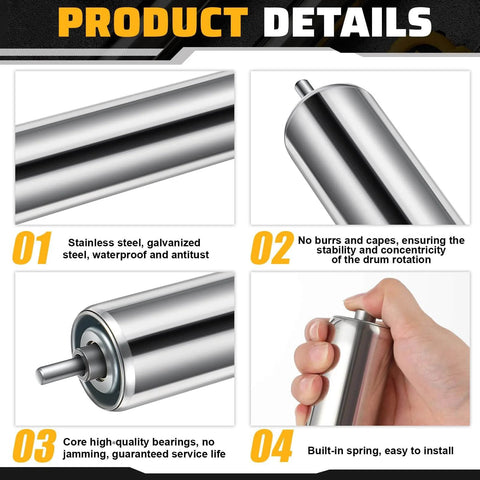 Product details of 10 Pcs Conveyor Rollers Galvanized Steel Roller, smooth motion, stable alignment, anti-rust, easy installation features.