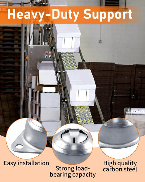 Heavy-duty support system with conveyor rollers, 1" heavy-duty support roller bearings, for smooth 360-degree rotation.
