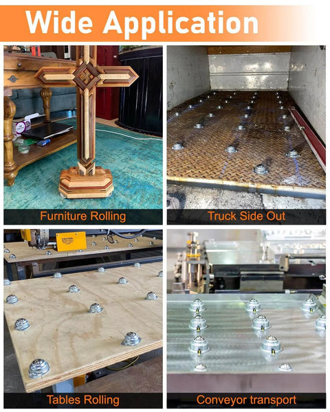 Wide application of Conveyor Rollers, 1" Heavy-Duty Support Roller Bearings in furniture, truck beds, tables, and conveyor setups.
